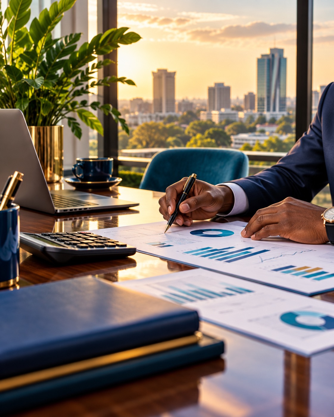 Illustrative accounting workspace with financial charts, blue accents and warm sunlight